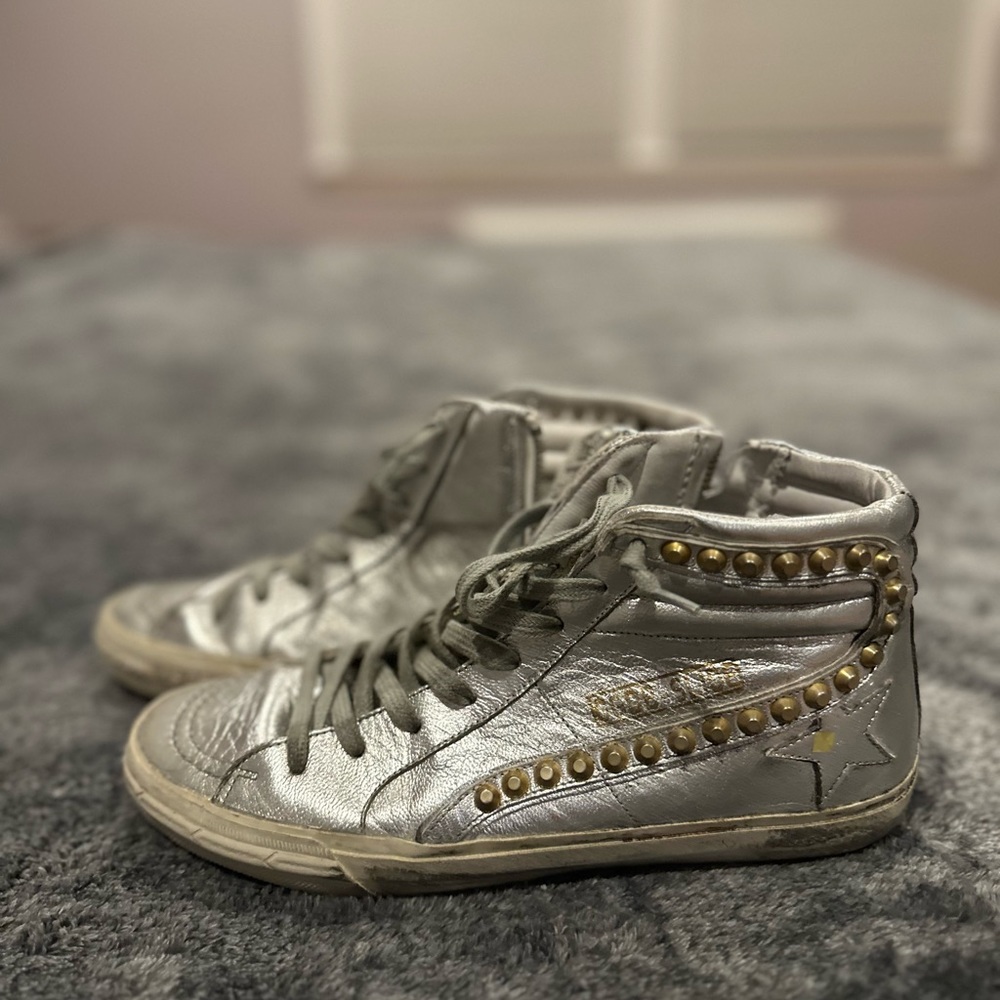 Golden Goose Women's Slide with silver laminated leather upper and studs